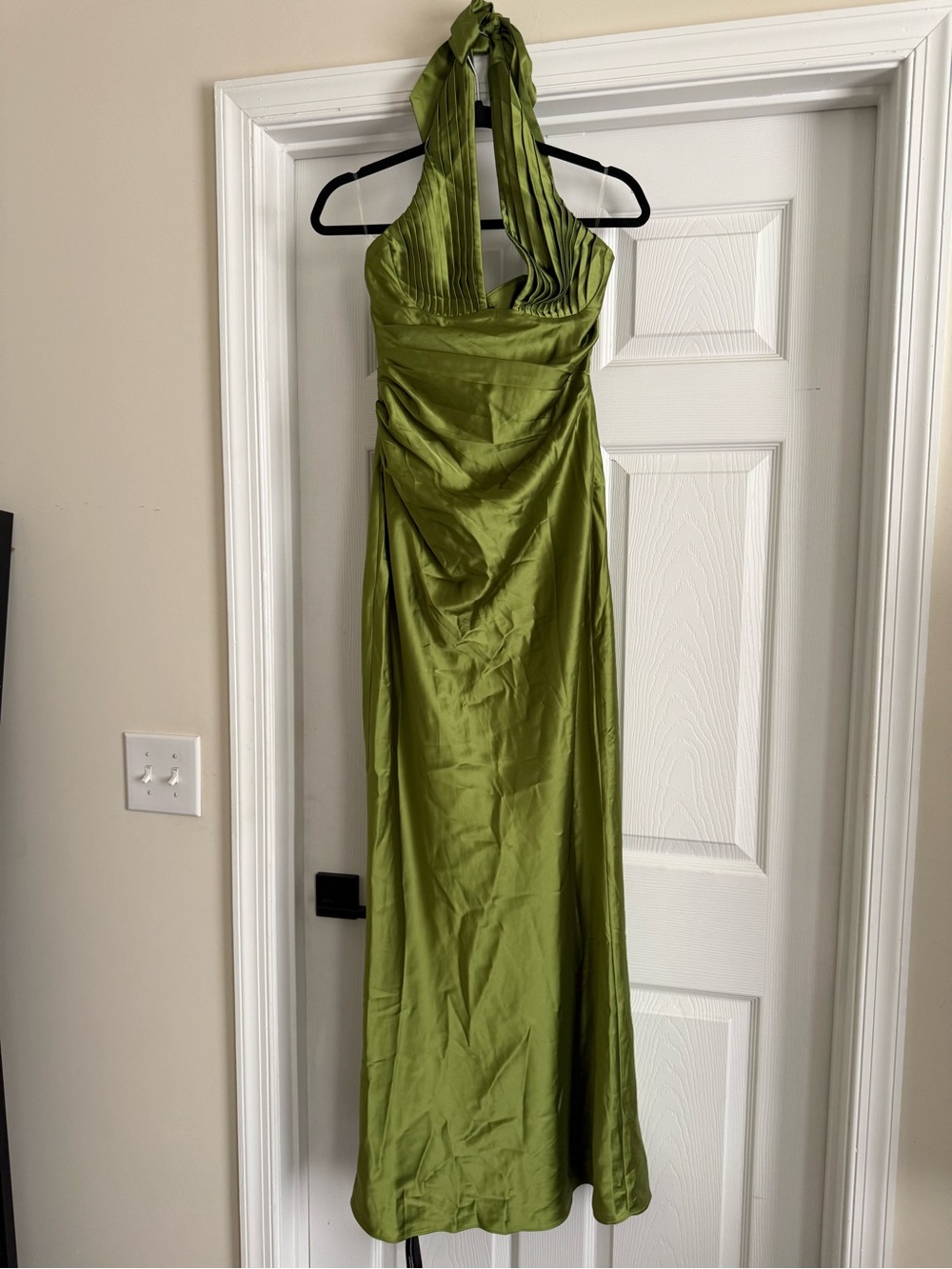 Satin Olive Halter Maxi Dress with Plunging V-Neck - Picture 4 of 8